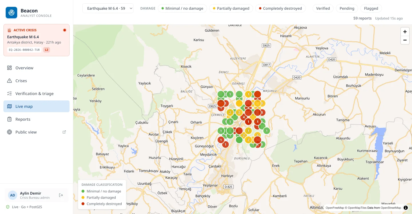 Live map with clustered, colour-coded damage pins over Antakya