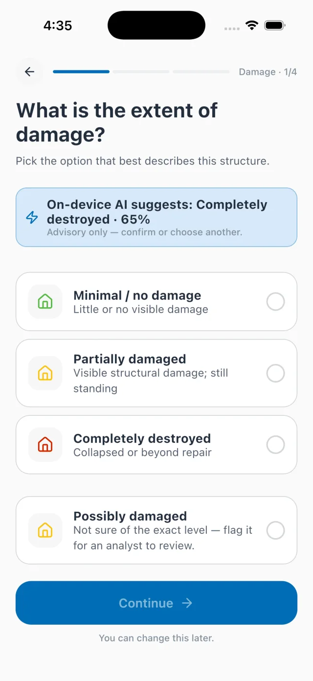 Damage grading step with an on-device AI suggestion
