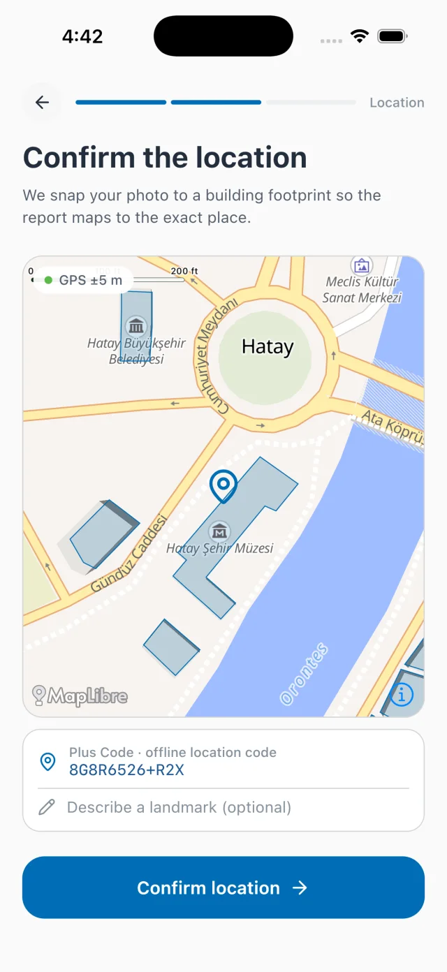 Location step snapping the report to a building footprint with a Plus Code