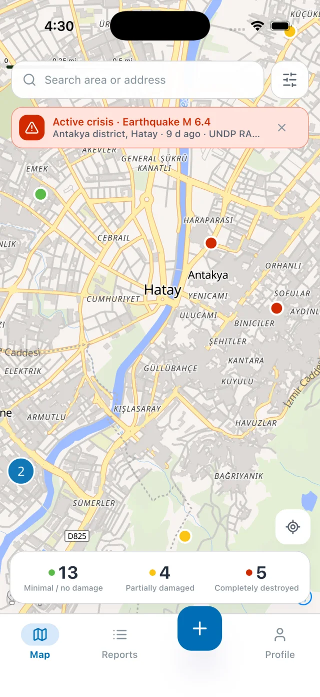 Community map of live damage reports near Antakya
