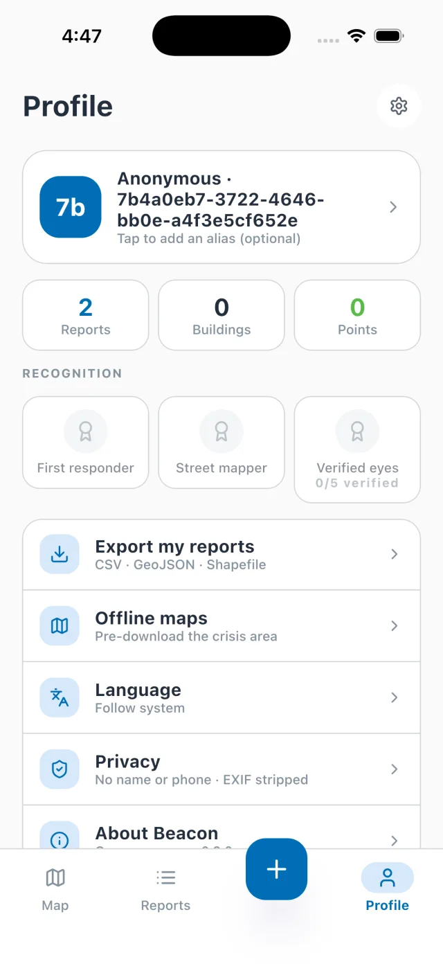 Anonymous profile with export, offline maps and language options